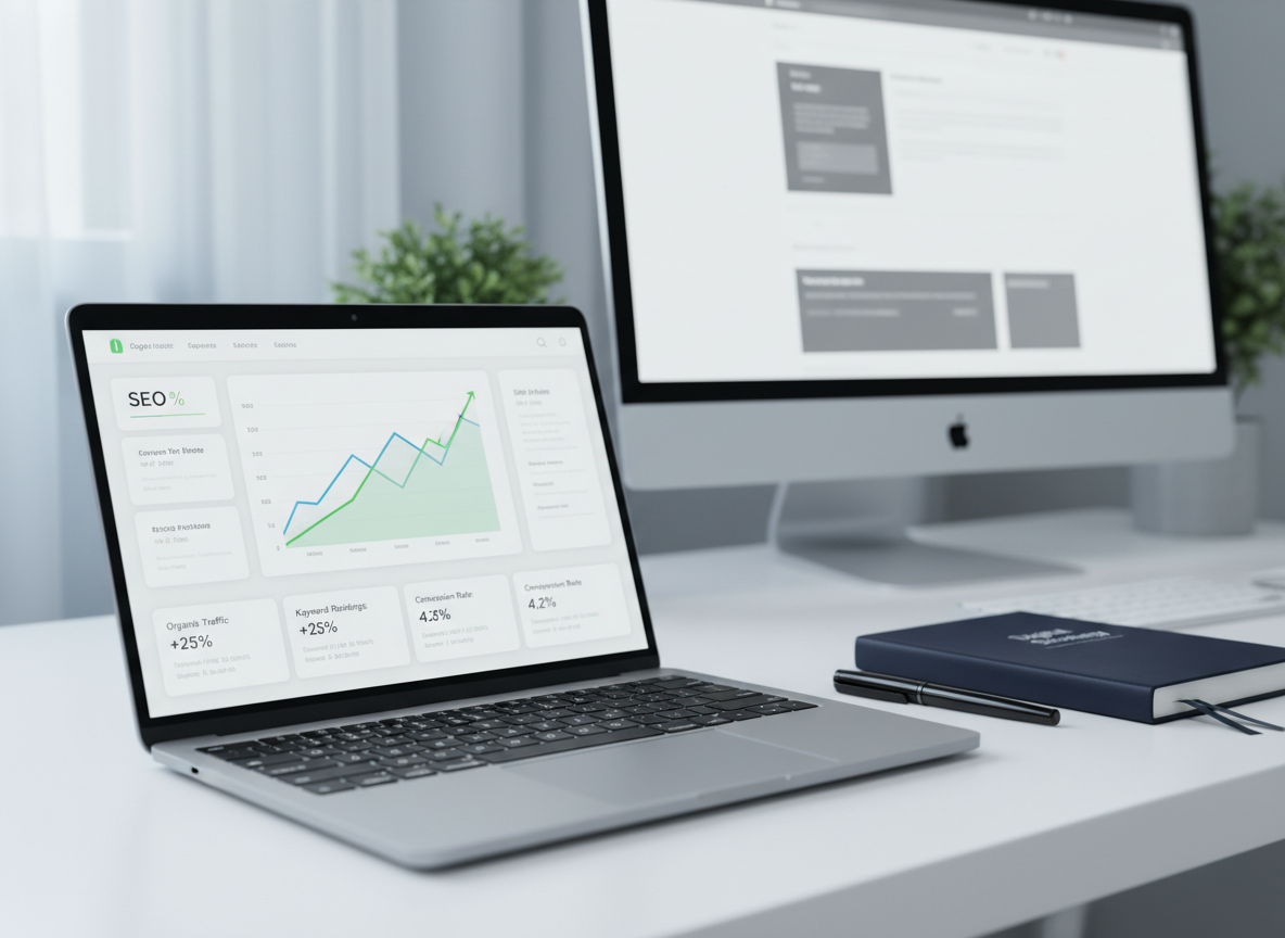 A sleek silver laptop displaying an analytics dashboard with rising graphs and SEO metrics, open on a clean white desk in a modern home office. Beside it, a dark navy notebook with the words “Digital Strategy” embossed in subtle gloss rests next to a black metal pen. In the background, a large monitor shows a minimalist website wireframe. Soft daylight from an unseen window washes the scene in cool, even light, creating gentle reflections on the laptop keys. Photographic realism, shot at eye level with a shallow depth of field, keeps the laptop screen in crisp focus while the background softly blurs, evoking a professional, data-driven atmosphere ideal for a UK digital marketing consultancy.